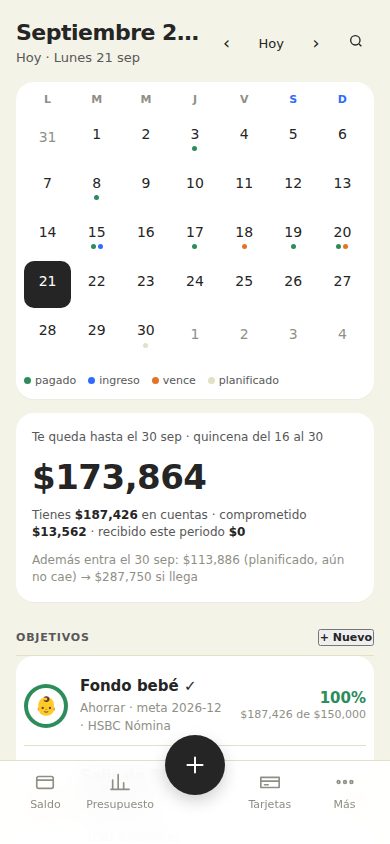 Pantalla Hoy de Toria: calendario del mes, cuánto te queda hasta la quincena y objetivos